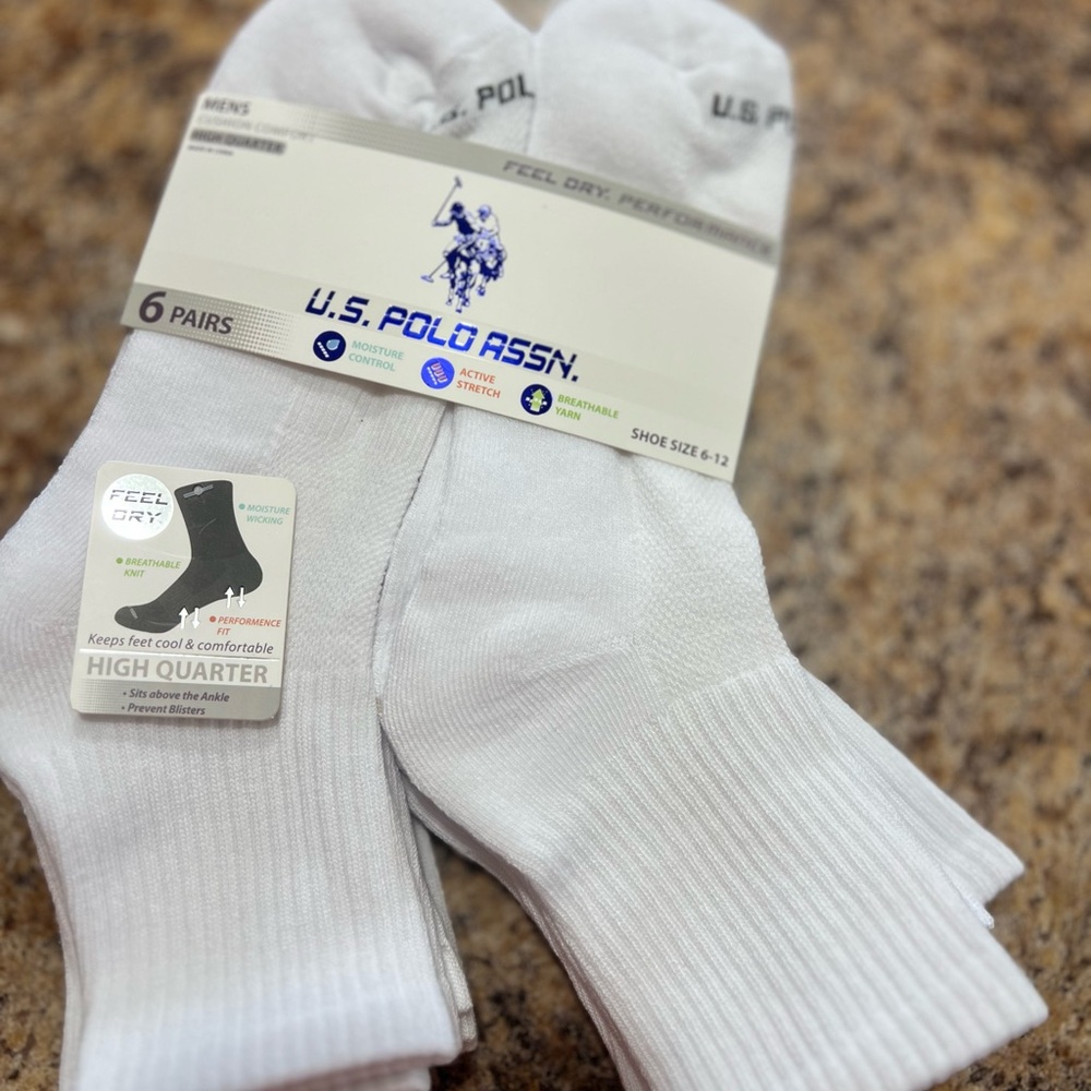 U.S. Polo Assn. Men's White High-Quarter Athletic Socks - 6 Pack